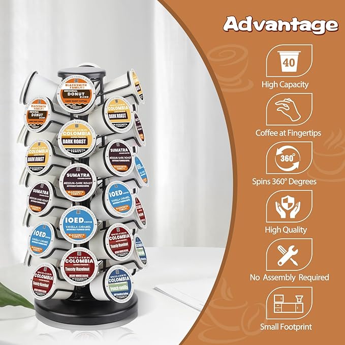K Cup Holders k Cup Holder K Cups Holder,K Cup Carousel, Coffee Pods Storage Organizer Stand,Comes All in One Piece,No Assembly Required,1 Count(Capacity of 40 Pods, Black)