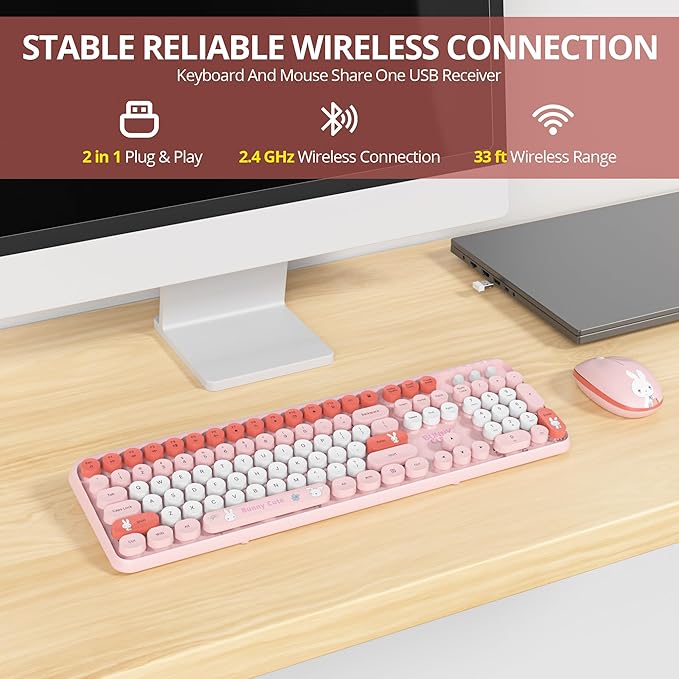 Owpkeenthy Cute Keyboard and Mouse Wireless, Colorful Keyboard Retro Typewriter Style Full-Sized with Number Pad Round Keys for Desktop, Laptop and Computerr (Bunny Pink)