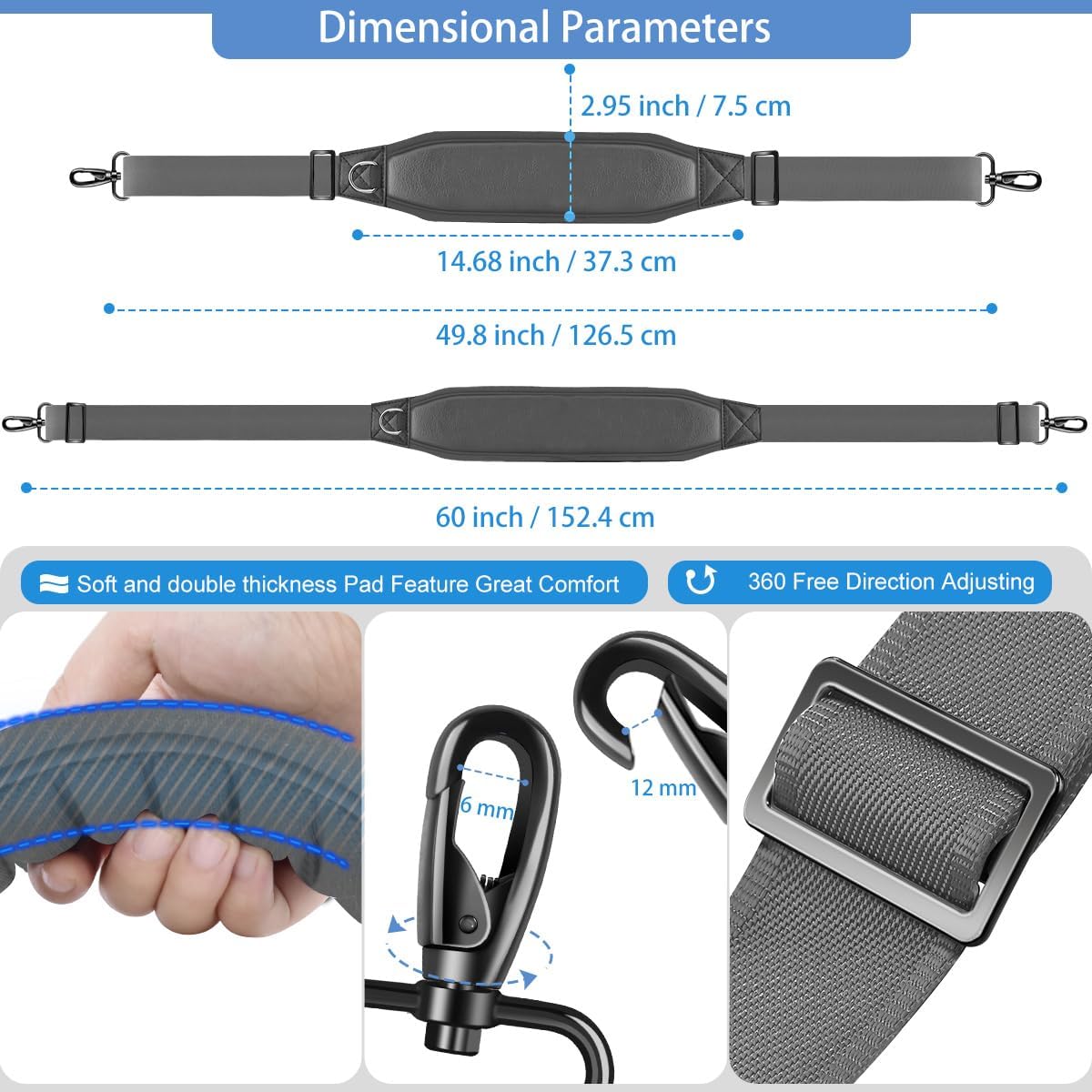 ZINZ Fixed Pad Bag Strap 60 inch Belt with Cushion Breathable Pad,Durable Strap with Double Adjustable Buckle and Metal Hooks