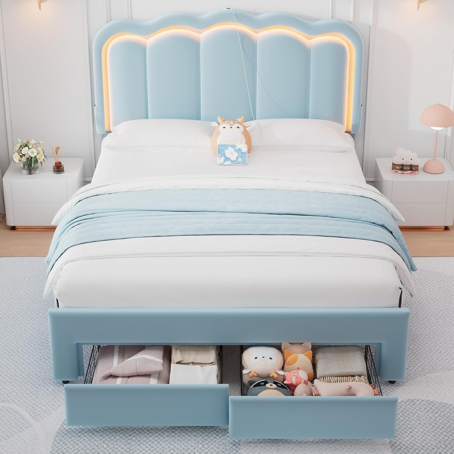 Full Upholstered LED Bed Frame with 2 Storage Drawers and Adjustable Chic Double Wavy Headboard, Velvet Princess Platform Bed with Charing Station, Solid Wood Slats Support,No Box Spring Needed,Blue