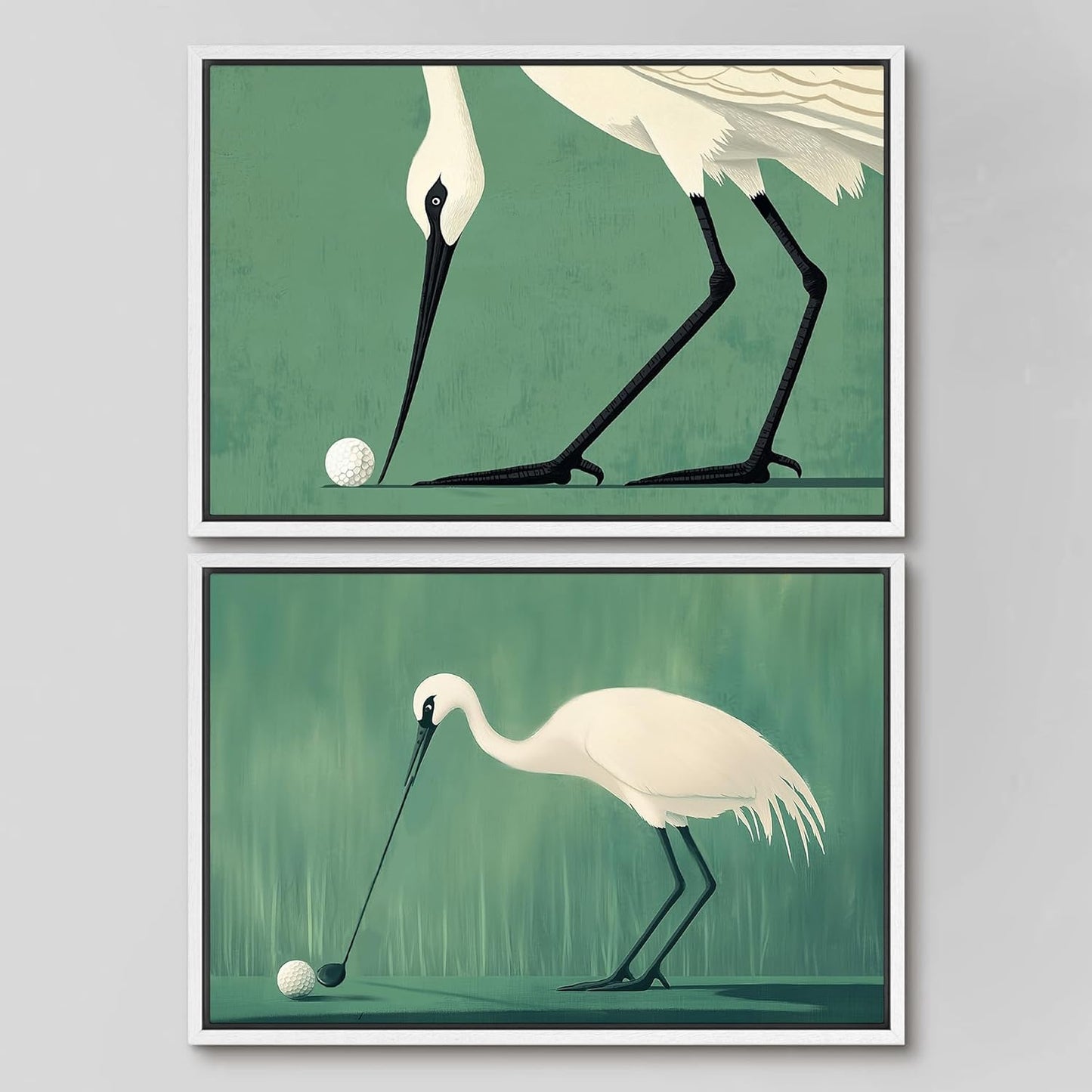 SIGNWIN Framed Canvas Print Wall Art Set Funny Crane Playing Golf Whimsical Bird Illustrations Modern Art Rustic Minimal for Living Room, Bedroom, Office - 16"x24"x2 White