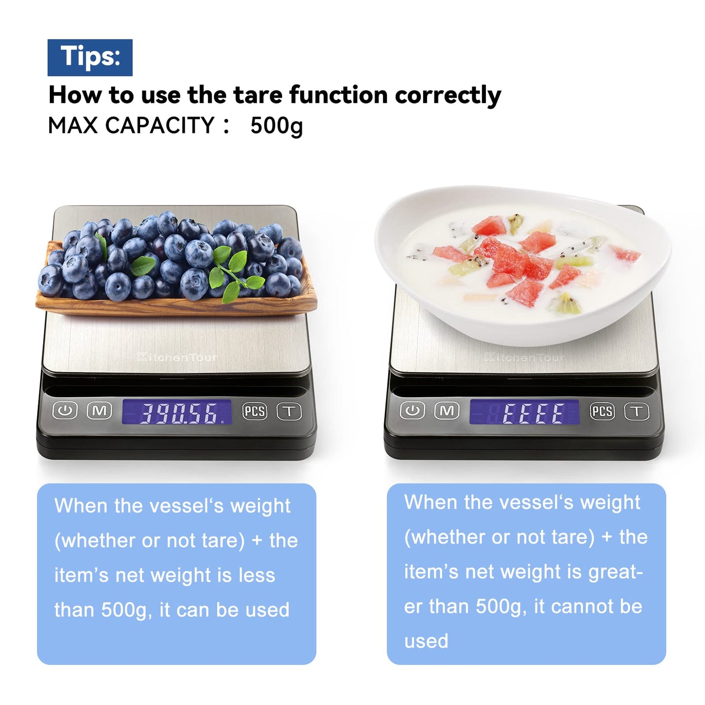 KitchenTour Digital Kitchen Scale - 500g/0.01g High Accuracy Precision Multifunction Food Meat Scale Small Scale Jewelry Lab Carat Powder Scale with Back-Lit LCD Display(Batteries Included)