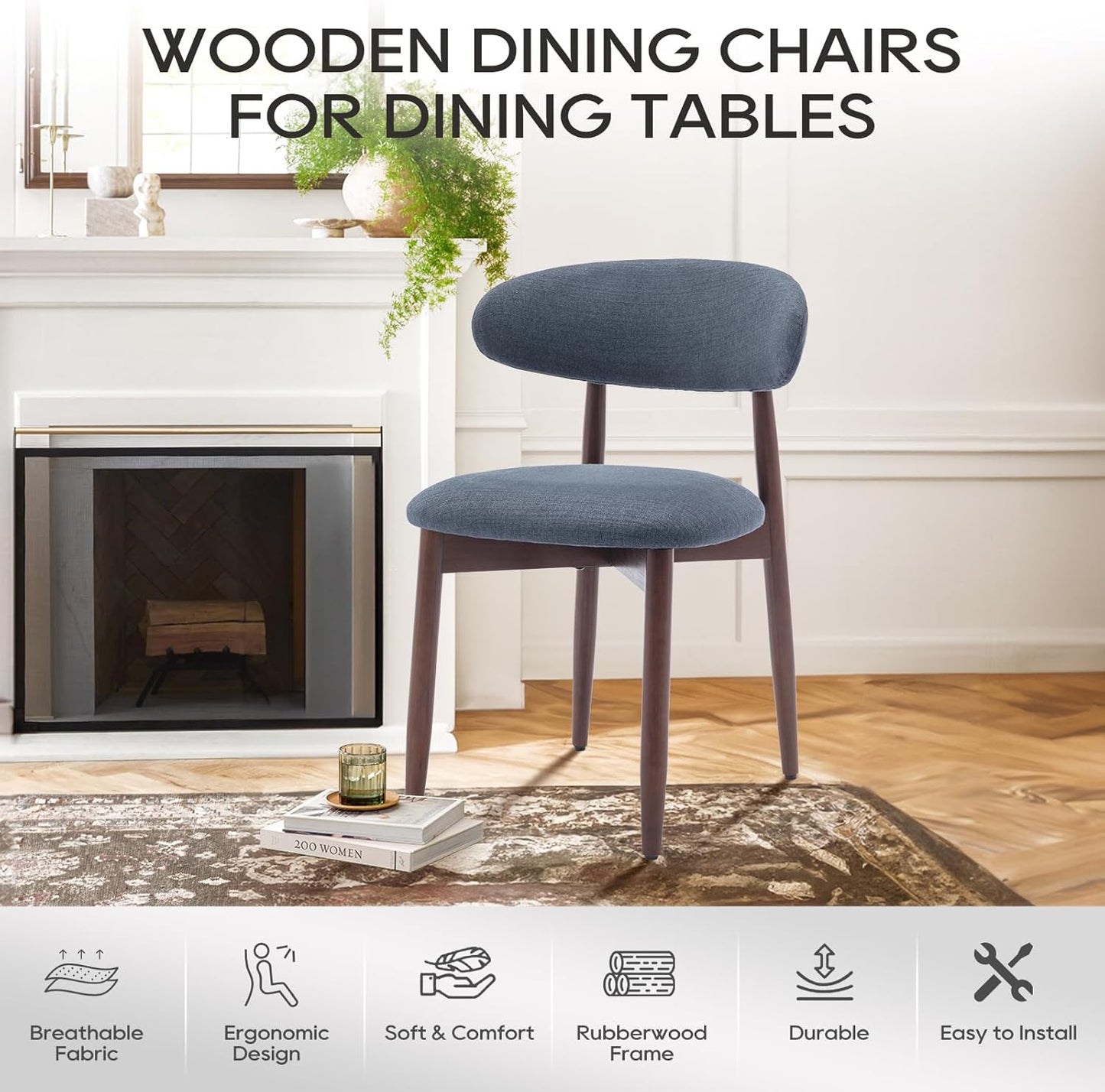 COLAMY Wooden Dining Chairs Set of 2, Modern Fabric Upholstered Dining Room Chair, Farmhouse Kitchen Side Chairs with Foot Pegs, Blue