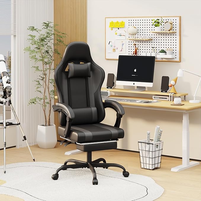 Gaming Chair with Footrest and Massage Lumbar Support, Height Adjustable Game Chair, Video Gaming Chair for Gaming Room, Living Room and Office - Black/Grey
