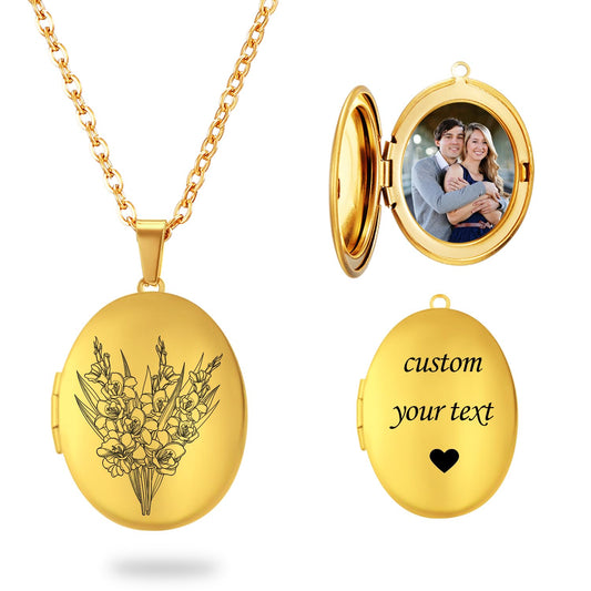 PHOCKSIN Gold Oval Locket Necklace 12 Birth Flowers Personalized Necklace that Holds Pictures Customized Gifts Locket Necklaces for Birthday