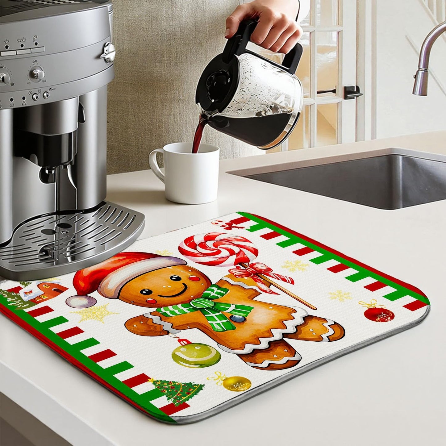 Christmas Drying Mat for Kitchen Counter 16" X 18" Gingerbread Dish Drying Mat for Kitchen Decor Gold Bells and flowers Xmas Drying Mats For Home Counter Drying Mats For Dishes Dish Mat Drying Mat