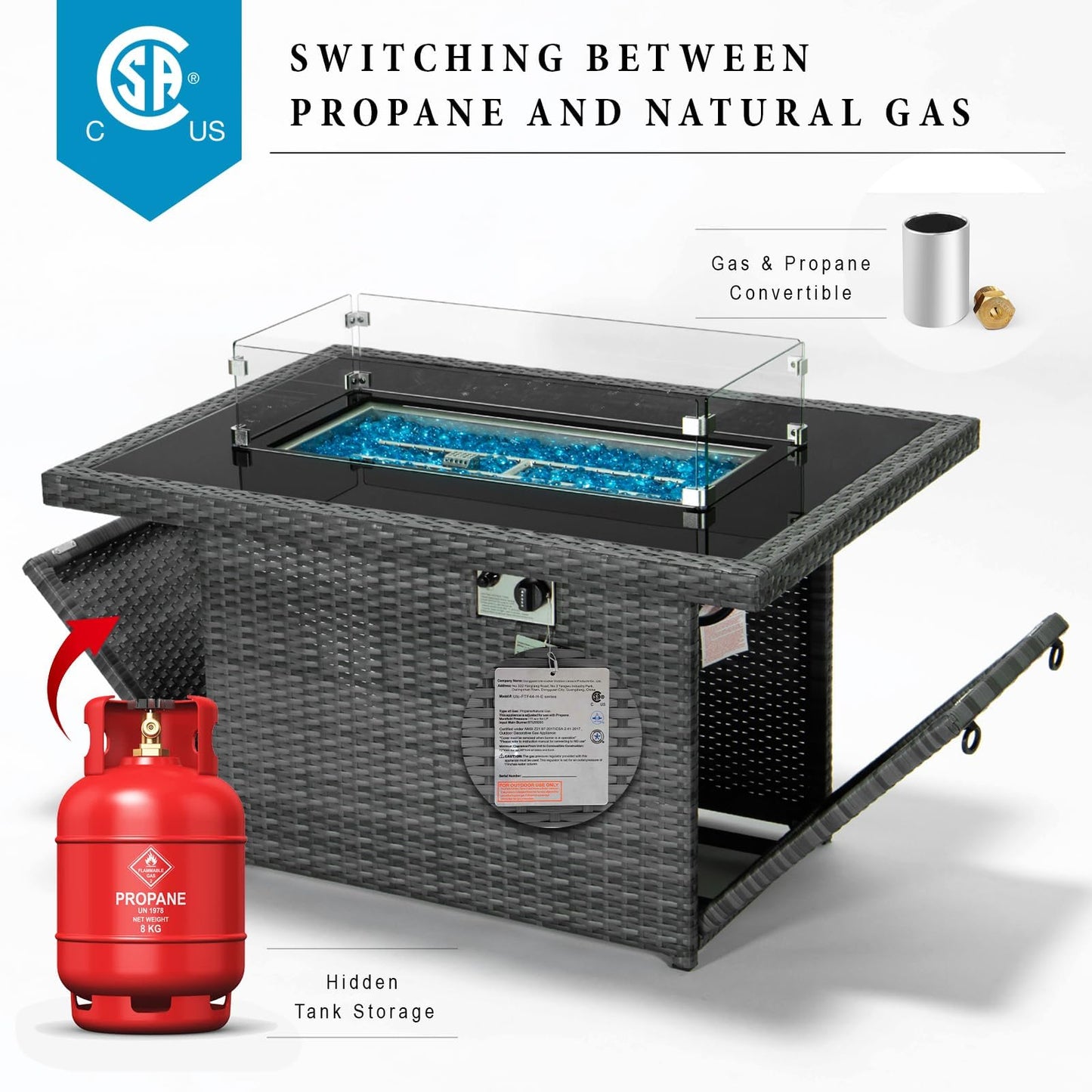 BULEXYARD PE Wicker 43" Patio Outdoor Propane Fire Pit Table with Waterproof Cover 55,000 BTU Auto-Ignition Gas Fire Pit Table with 8mm Tempered Glass Table Top and Glass Stone (Grey)