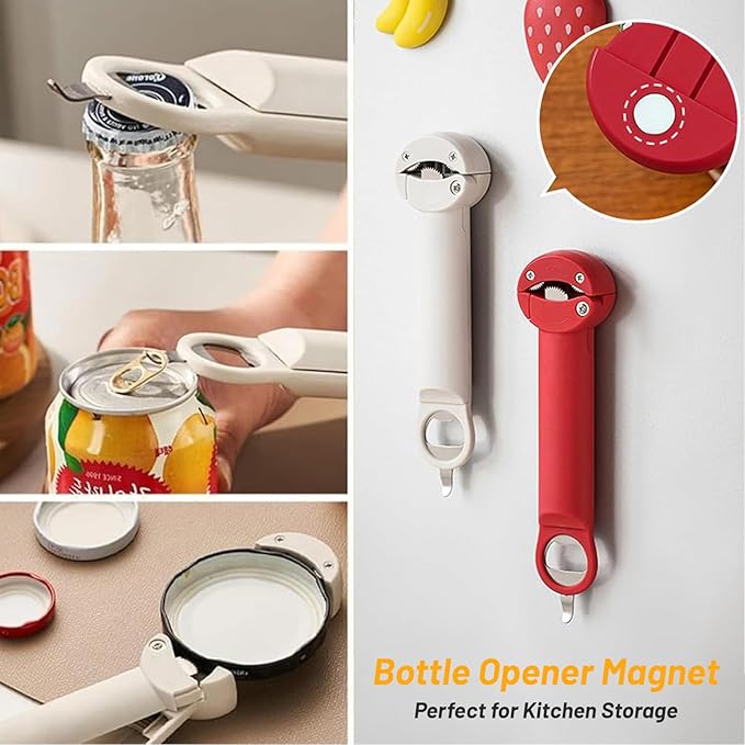 3 in 1 Jar Opener Bottle Opener Beer Soda Can Opener Manual, Adjustable Cap Screwer Jar Openers for Weak Hands Gifts for Seniors or Arthritis, Bottle Opener Magnet for Kitchen Storage (Beige)