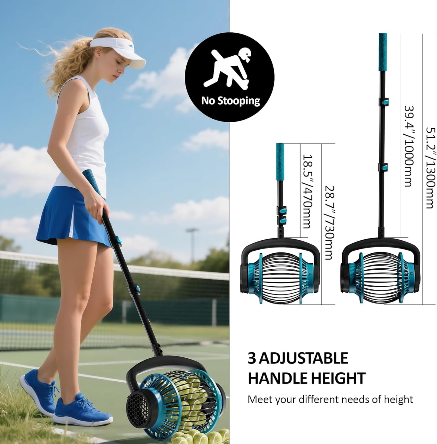 Tennis Ball Collector Roller, No Bending Over Quick Rolling Picker. 2 Ways to get The Ball,Telescopic Tennis Ball Picker for 1.5"-3" Tennis/Golf/, Up to 20+ Tennis Balls