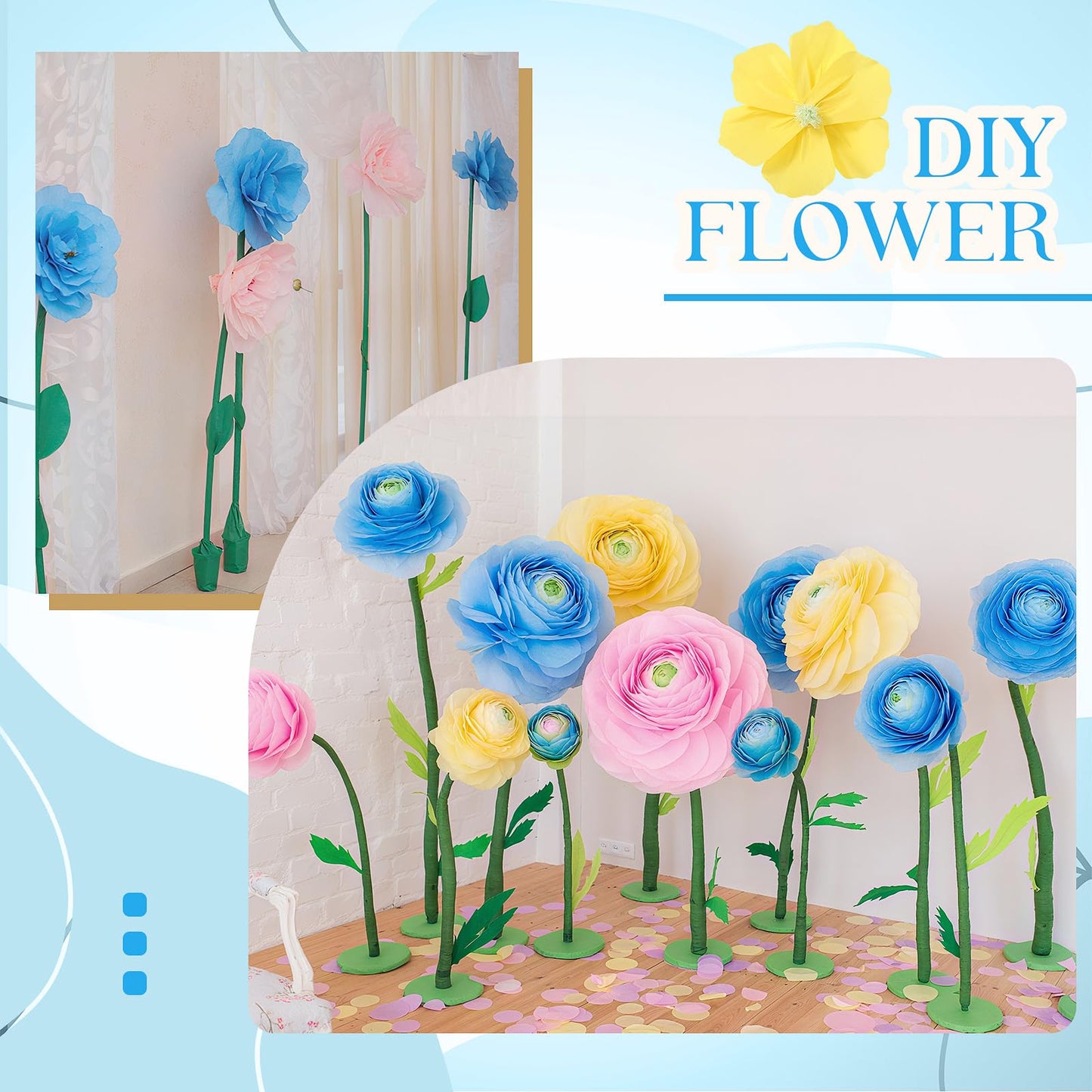 Gilprop 116 Pcs Crepe Paper Flower Stem DIY Kits Set, Include 9.8 x 98 in Crepe Paper Sheet 14.76 Ft Floral Iron Wire for Flower Making Birthday Parties Weddings Festival Decor(Blue)