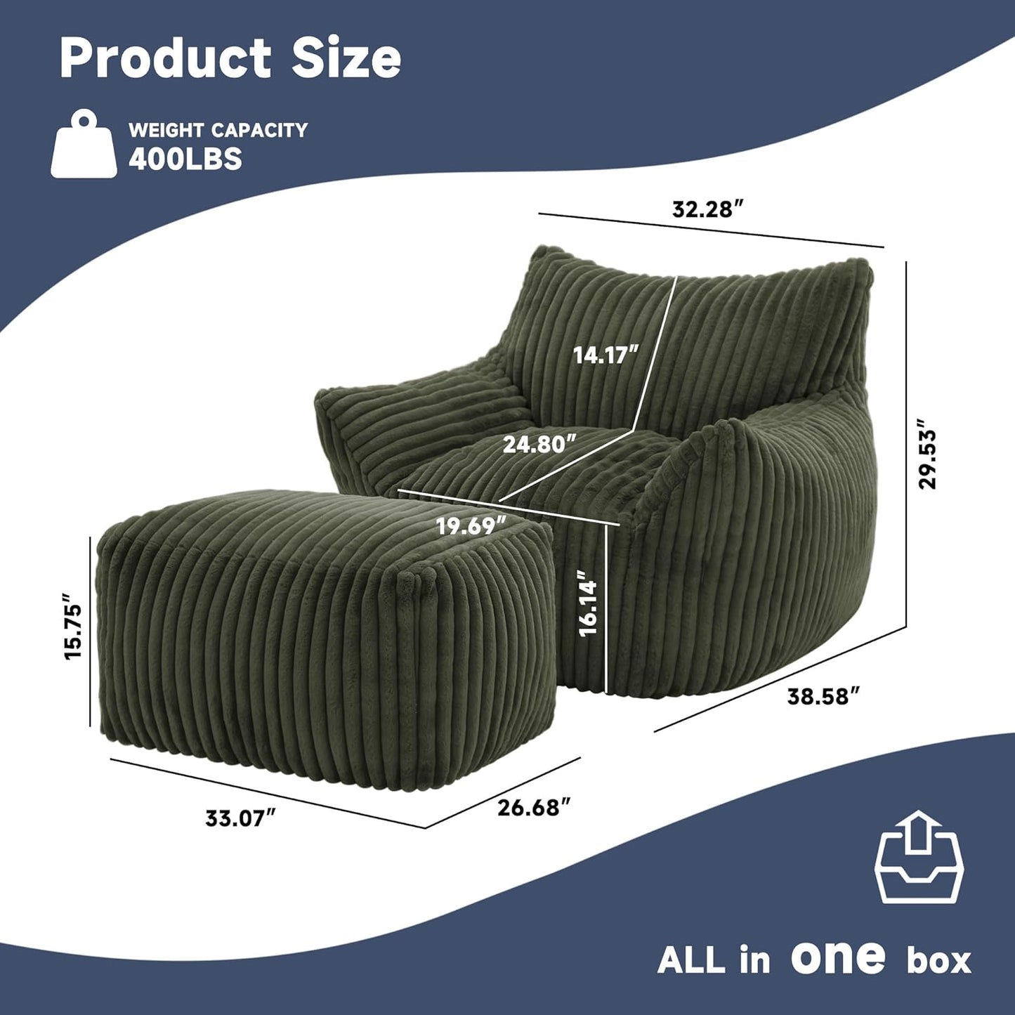 Giant Bean Bag Chairs for Adults, Oversized Chaise Lounge Chair Indoor with Memory Foam - Plush Boneless Lounger & Ottoman for Bedroom, Living Room, Gaming & Reading, Lazy Floor Sofa Chair, Green