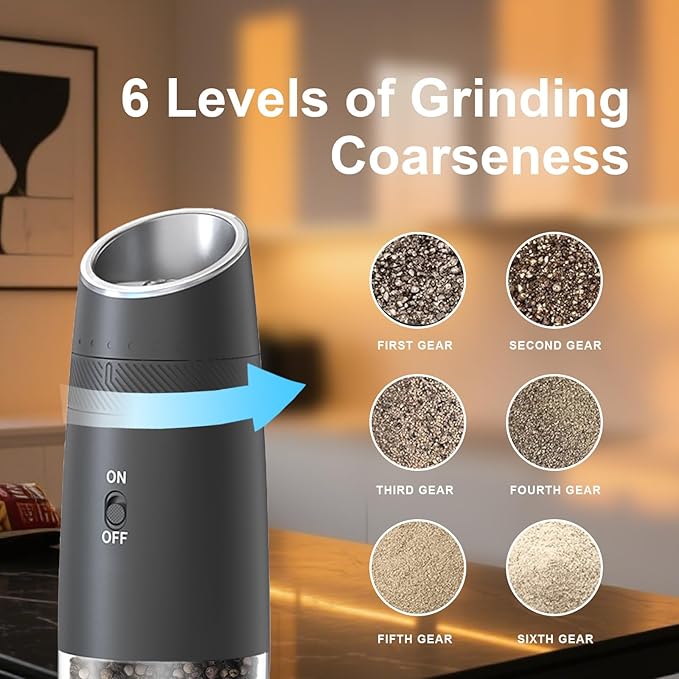 Gravity Electric Pepper and Salt Grinder Refillable Set - Automatic Shakers Pepper Mill, Adjustable Coarseness, with Rechargeable Base & LED Light
