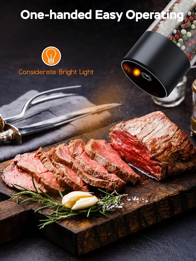 TOMEEM Electric Salt and Pepper Grinder Set with LED Lights – Rechargeable Automatic Pepper and Salt Mill with 6 Adjustable Coarseness for Kitchen, BBQ & Gifts
