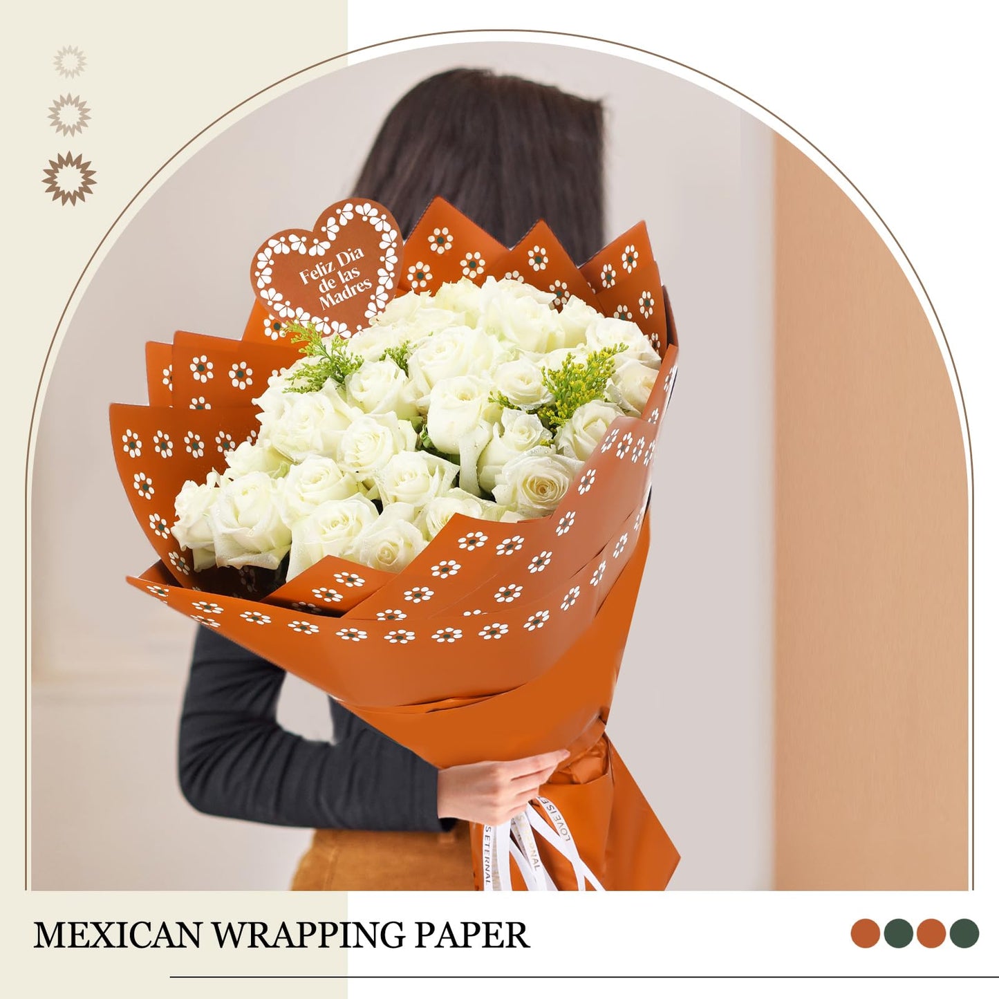 Fullhawl 20 Sheet Mexican Flower Wrapping Paper and 10 Pcs Feliz Dia De La Madre Cake Toppers Waterproof De Barro Brown White Floral Bouquet Wrap for DIY Gift Packaging Florist Supplies