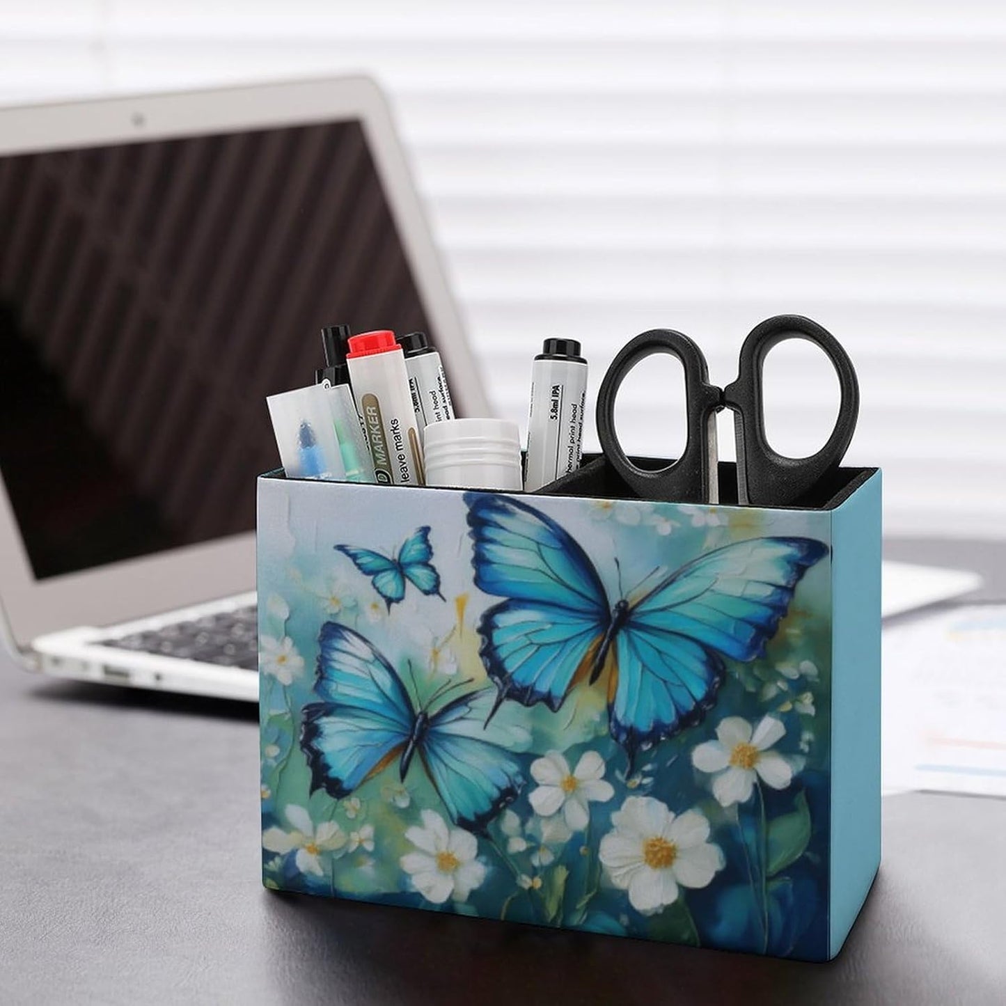 Blue Butterfly Floral Lether Pen Holder for Desk Makeup Brush Holder Office Organizer Desk Accessory for School Office