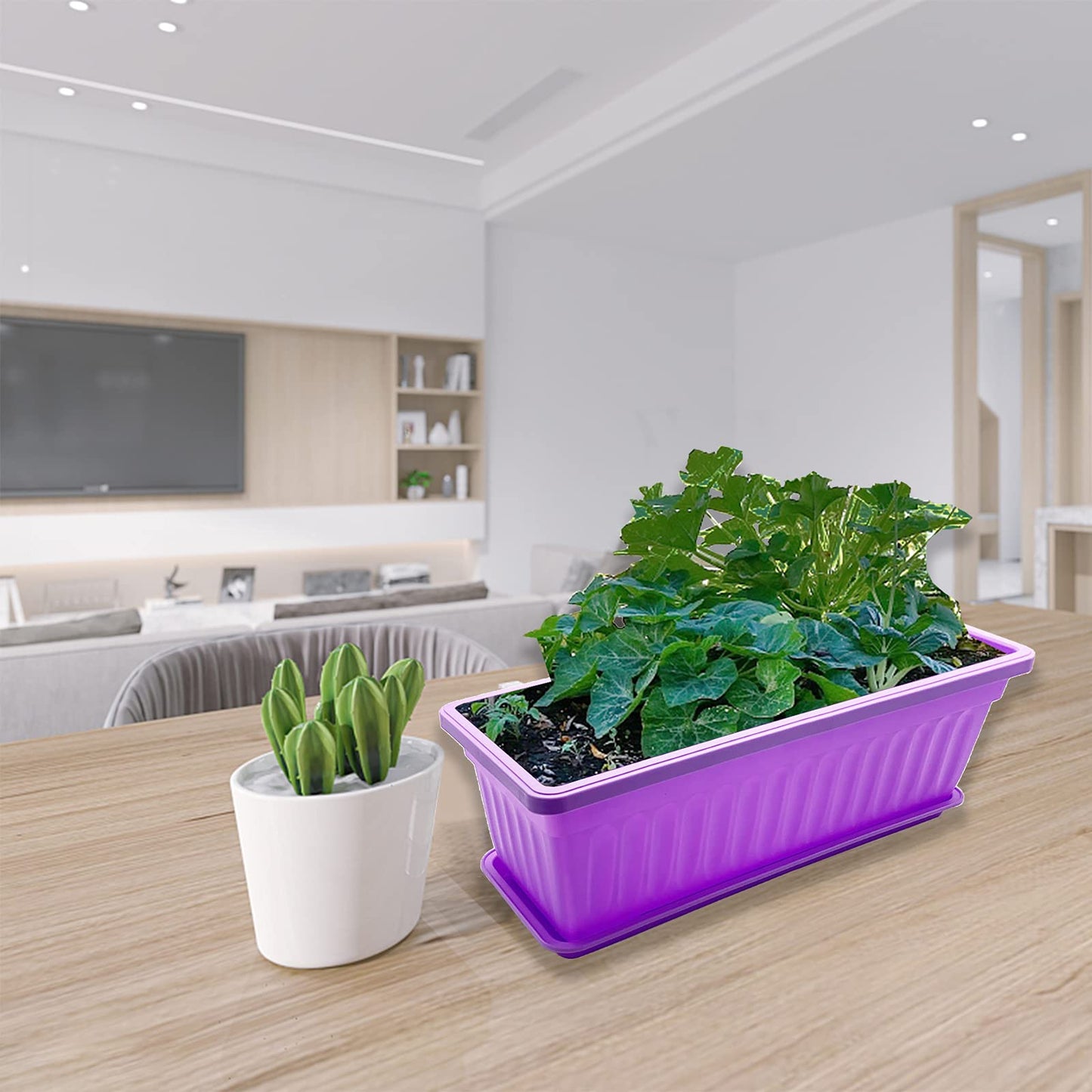 PURPLE STAR 1N 4 Packs 17 Inch Rectangular Window Flower Box Planter with Tray for Balcony, Windowsill, Garden