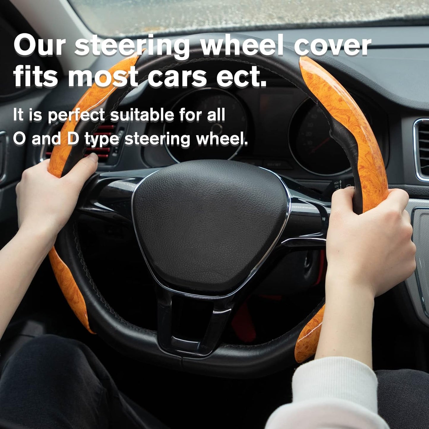 Amiss Car Wood Grain Steering Wheel Cover, Car Interior Accessories, 2PCS Segmented & Butterfly Design, Universal 99% Vehicle Wheel Cover Protector (Yellow)