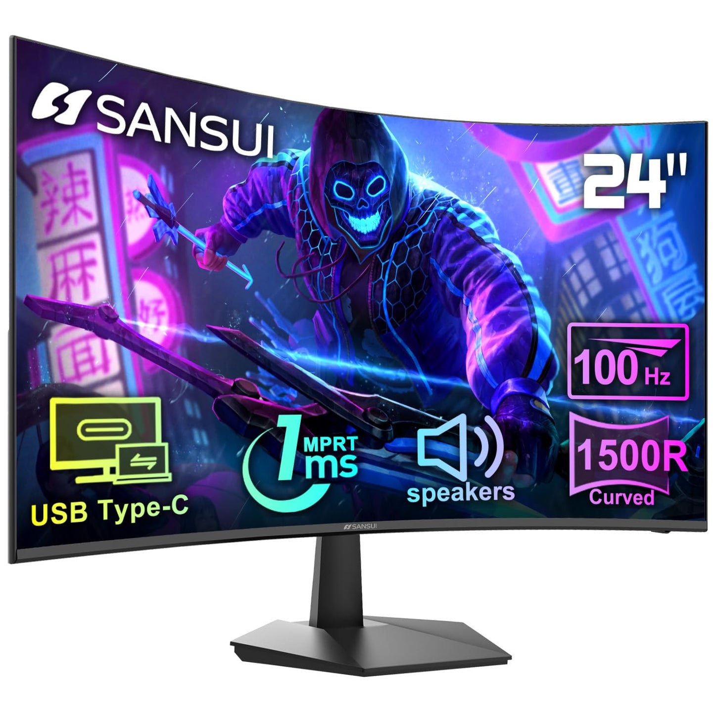 SANSUI Curved Monitor 24 inch 100Hz USB Type-C Computer Monitor with Built-in Speakers- MPRT 1ms,Adaptive Sync,HDR,1500R,VESA 75