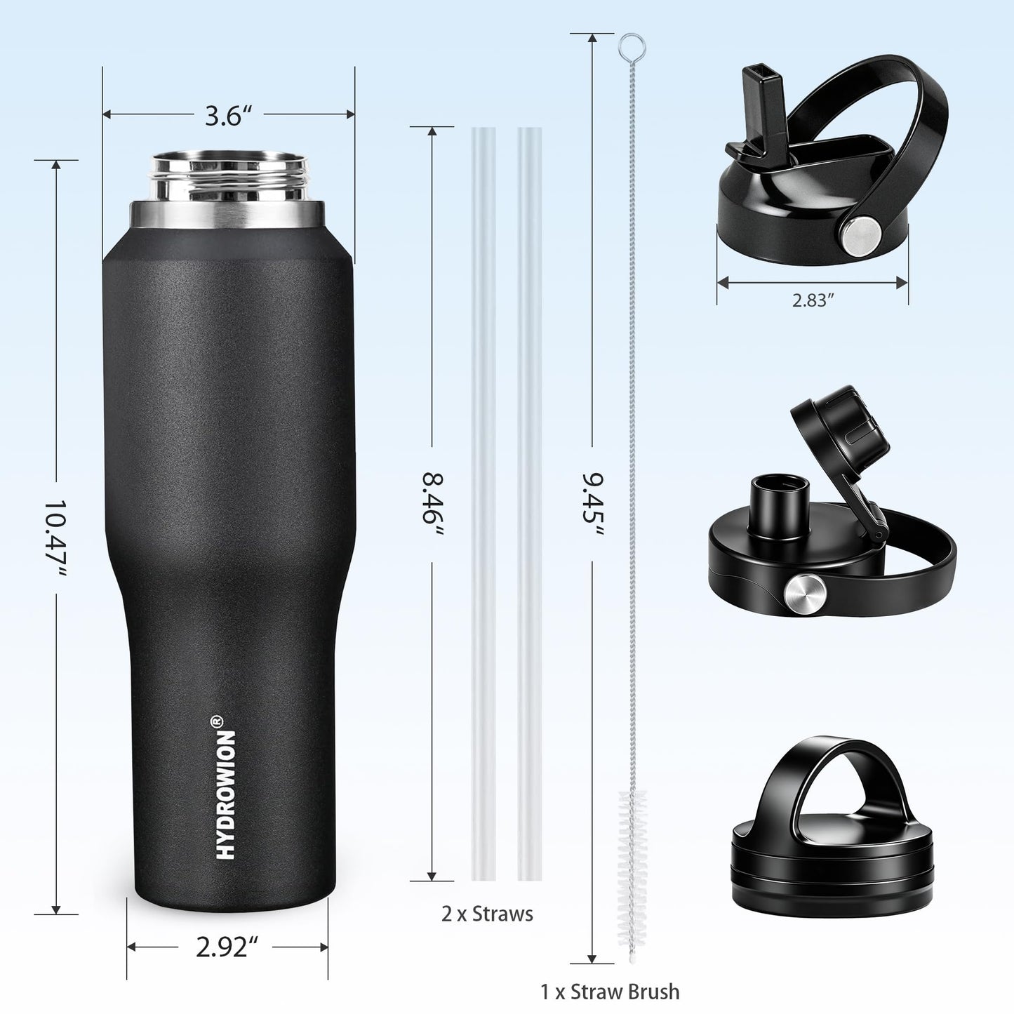 HYDROWION 32oz Stainless Steel Water Bottle(Cold for 48 Hrs, Hot for 24 Hrs),Double Wall Vacuum Insulated Water Bottle with Straw Lid, Spout Lid and Flex Cap, Fit in Any Car Cup Holder,Black