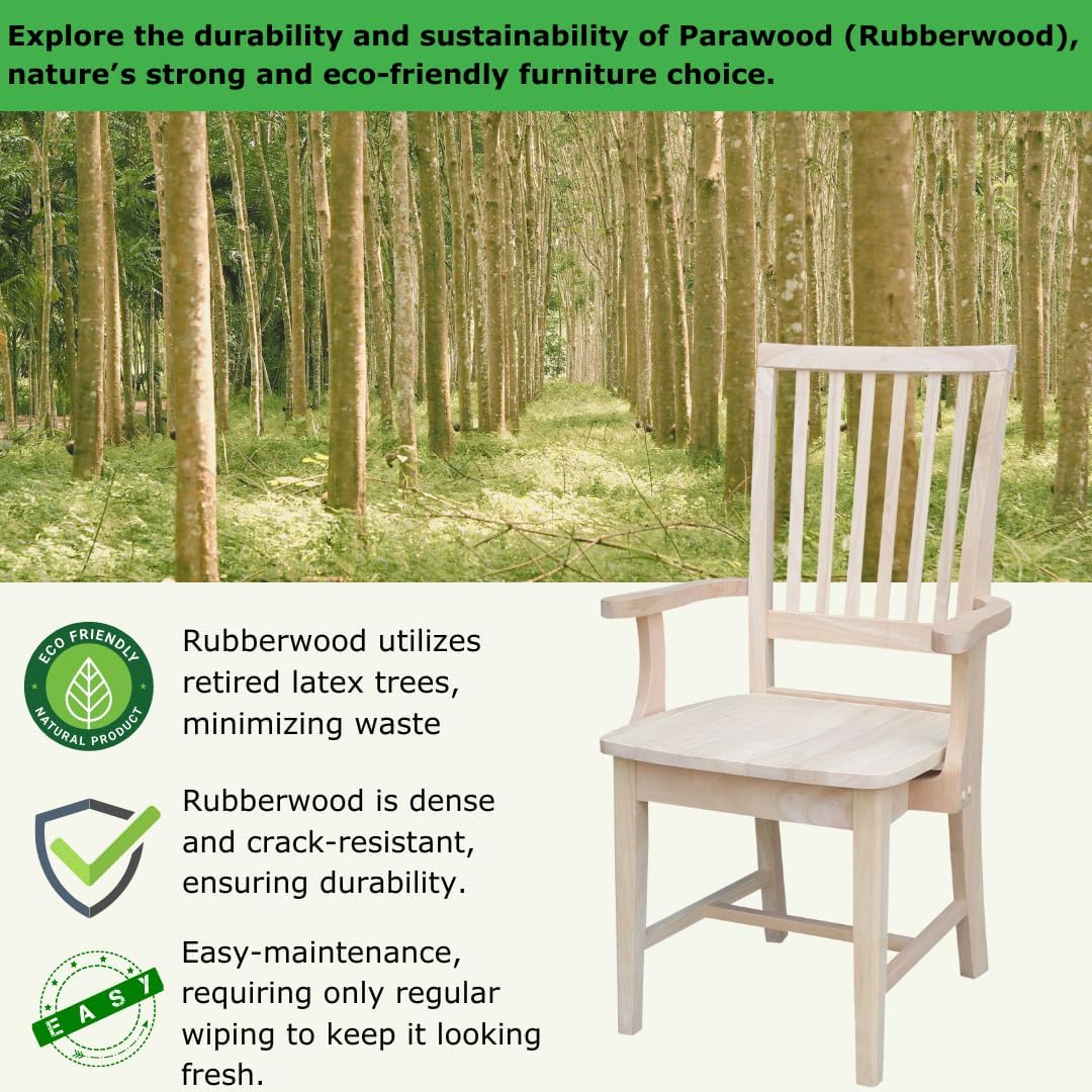 IC International Concepts Mission Side Chair with Arms Solid Parawood, Box Seat Construction, Kitchen/Dining, 22"W x 21"D x 39"H, 225 Lbs Wt. Capacity, DIY, Paint/Stain In Any Color, Unfinished