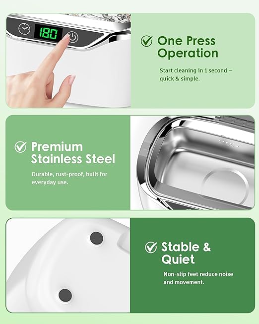 Ultrasonic Jewelry Cleaner, 24oz (700ml) Ultrasonic Cleaner with 48kHz High-Frequency, 5 Cleaning Modes, 304 Stainless Steel Tank, for Jewelry, Eyeglasses, Dentures, Coins, Watch Bands, Ring