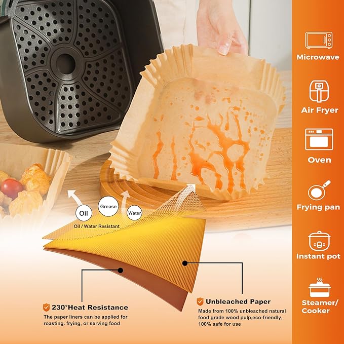 250 Pcs 9" Square Air Fryer Liners Disposable, Unbleached Parchment Paper Liners for Airfryer Basket, Non-Stick & Leakproof Baking Paper for Oven Roasting