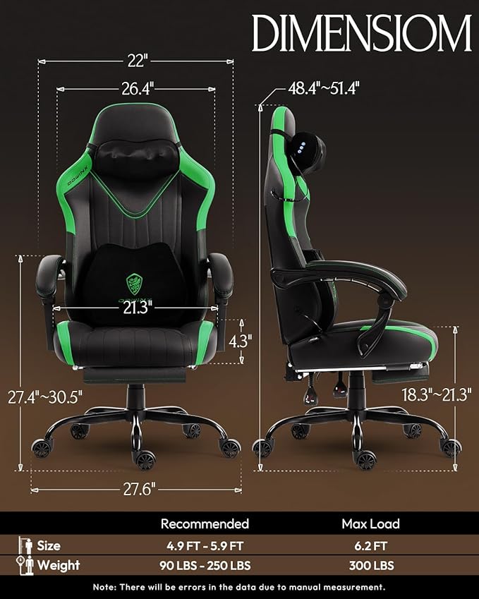 Dowinx Gaming Video Gaming Chair with Shiatsu Neck Massage and Lumbar Support for Home Office High Back Recliner Height Adjustable Ergonomic Comfy Leather Computer Desk Chair (Green)