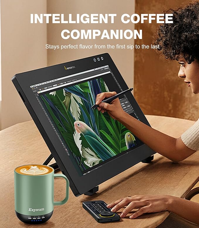 Kepwam Heated Coffee Mug T1-14oz Fast Heating & Longer Battery Life Self Heating Coffee Mug Hot to 149℉ - Touch & App Controlled Mug Coffee and Hot Beverage Warmer, Gifts for Women and Men