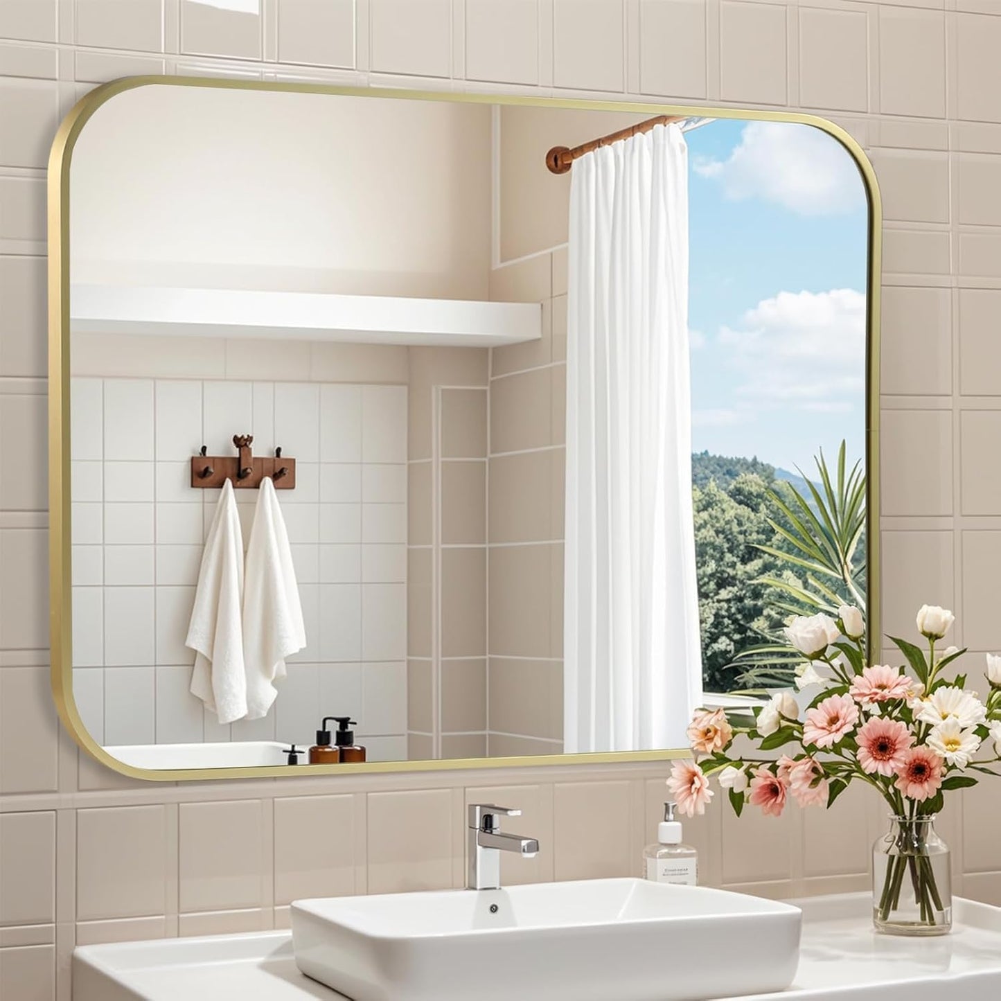 Brushed Gold Mirror, 48"x30" Rectangle Bathroom Mirror, Metal Frame Rectangle Corner Vanity Mirror, Wall Mounted Mirror for Modern, Living Room, Bedroom, Horizontal Or Vertical