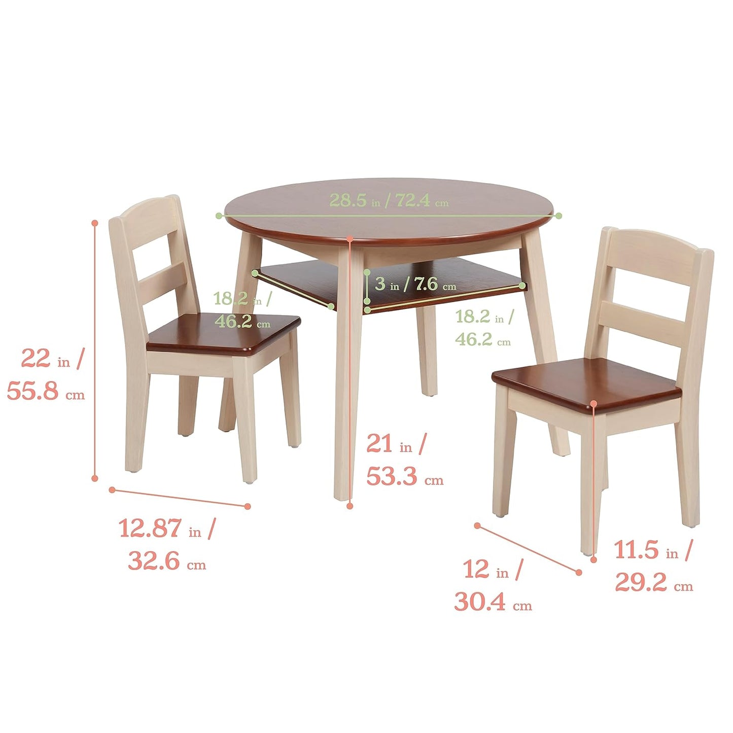 ECR4Kids Hideaway Table and Chair Set, Kids Furniture, Dark Walnut/Antique White, 3-Piece