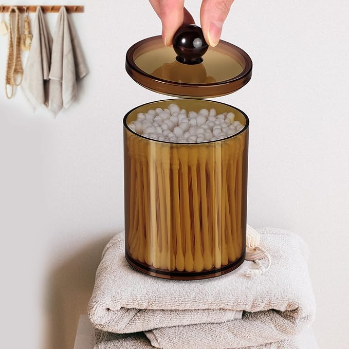 SheeChung 6 Pack Qtip Dispenser Apothecary Jars Bathroom with Labels - Qtip Holder Storage Canister Clear Plastic Acrylic Jar for Cotton Ball, Swab, Rounds,Floss Picks, Hair Clips (Amber)