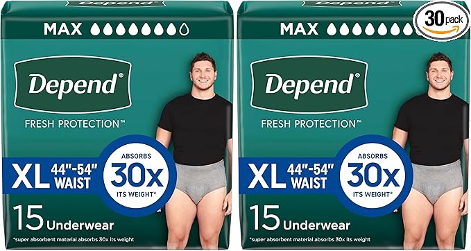 Depend Incontinence Underwear for Men, Extra-Large, 15 Count Pack of 2 | Maximum Absorbency | Disposable | Grey | FIT-Flex