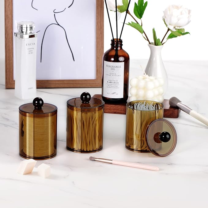 SheeChung 6 Pack Qtip Dispenser Apothecary Jars Bathroom with Labels - Qtip Holder Storage Canister Clear Plastic Acrylic Jar for Cotton Ball, Swab, Rounds,Floss Picks, Hair Clips (Amber)