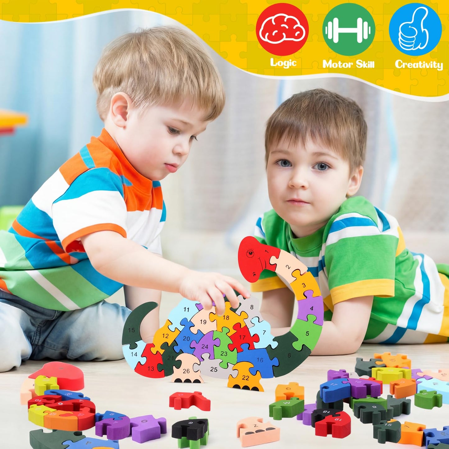 Yunsailing 4 Pcs Alphabet Jigsaw Puzzle Wooden Blocks Toys Alphabet Educational Toddler Puzzle Toys for Preschool Learning Party Favor Gift Learning(Elephant, Bear, Dinosaur, Cow)