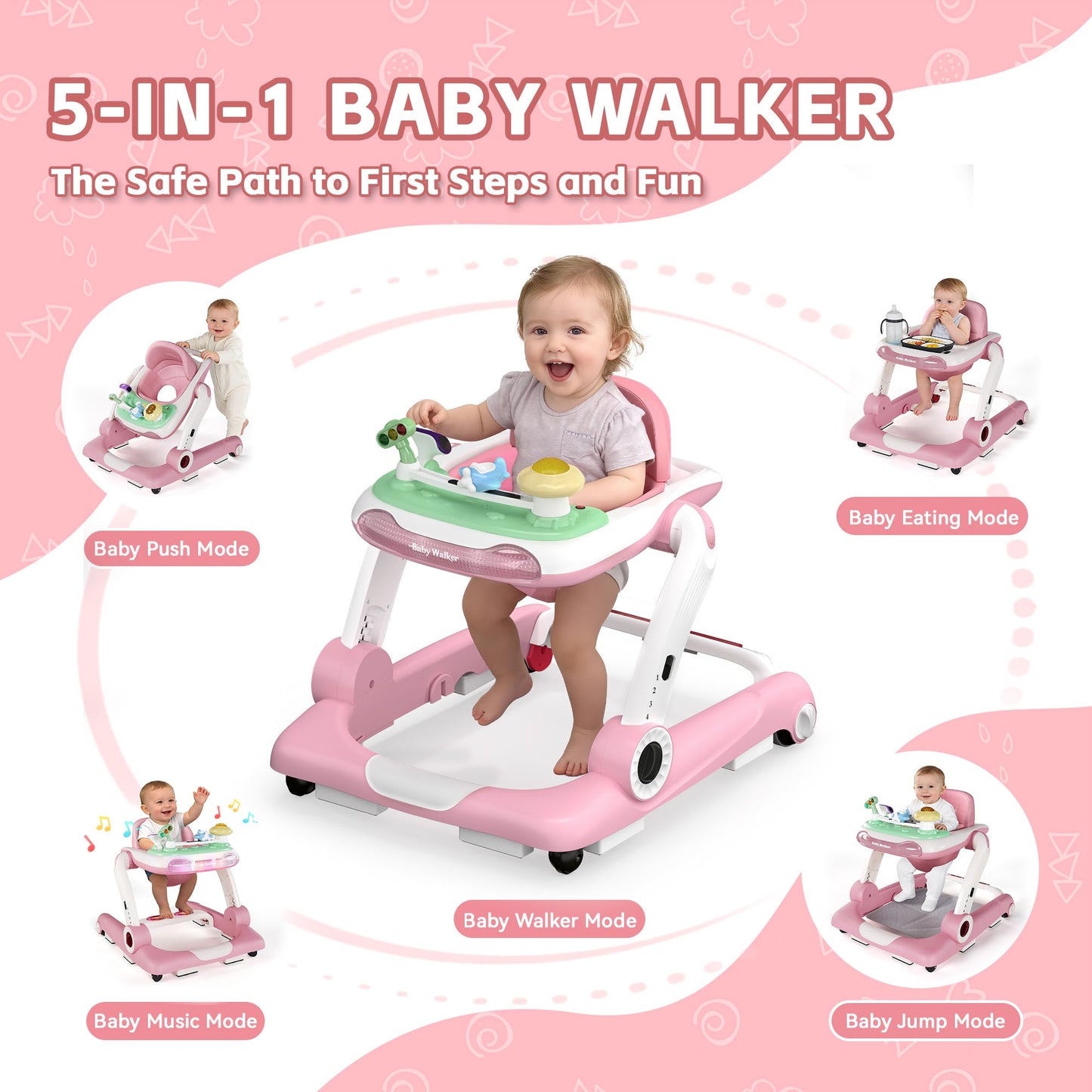 Baby Walker with Wheels, 5 in 1 Walker for Baby Boy Girl 6-12 Months with Bouncer, Music and Lights Baby Jumper Activity Center, Adjustable Height Speed, Push Walker for Ages 6-18 Months Toddler