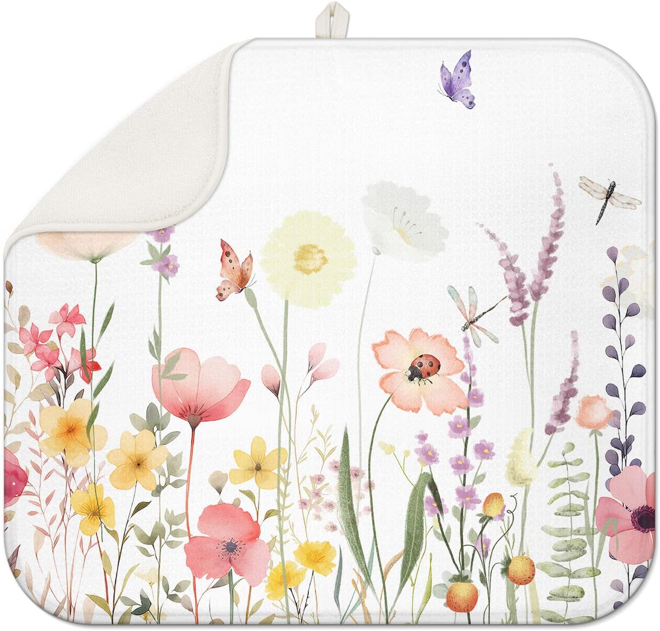 Floral Spring Small Dish Drying Mat for Kitchen Counter 16''x18''Microfiber Absorbent - Foldable, Quick-Dry, Non-Slip, Compact Kitchen Drying Pad for Dishes, Countertops, and Cookware