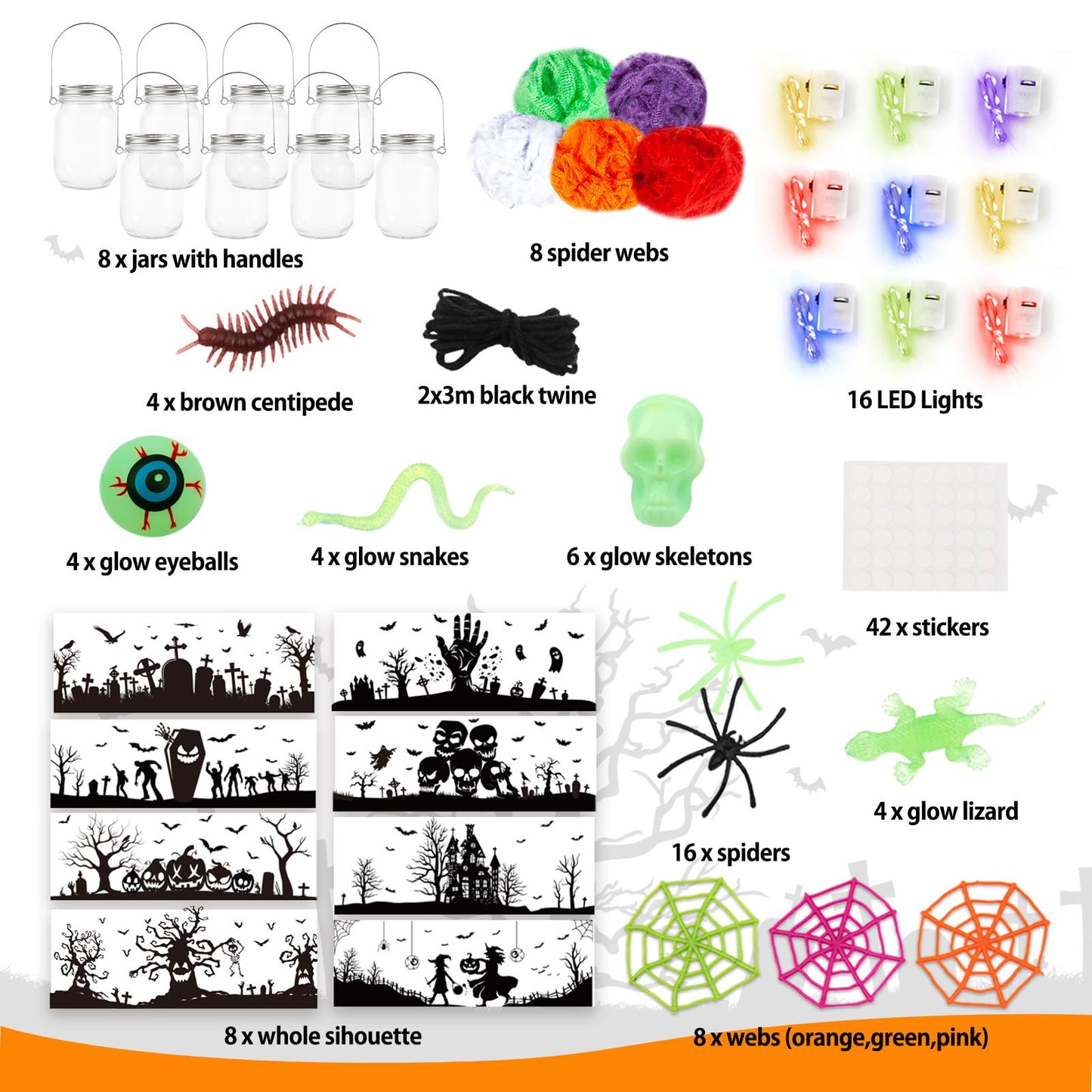 Shemira Halloween Craft Kit for Kids,8 pcs Glass Mason Jar with Accessories for DIY Lantern Jar, Halloween Art & Craft Party Supplies, Halloween Art Activities, Crafts and Arts Party Supplies