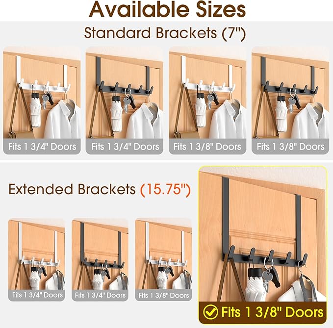 Long Over The Door Hooks with 15.75-inch Arms for Easier Access by Women, Heavy Duty Door Hanger for Winter Coat, L16U, Fits Standard 1 3/8'' Doors, Towel Racks Organization, Black