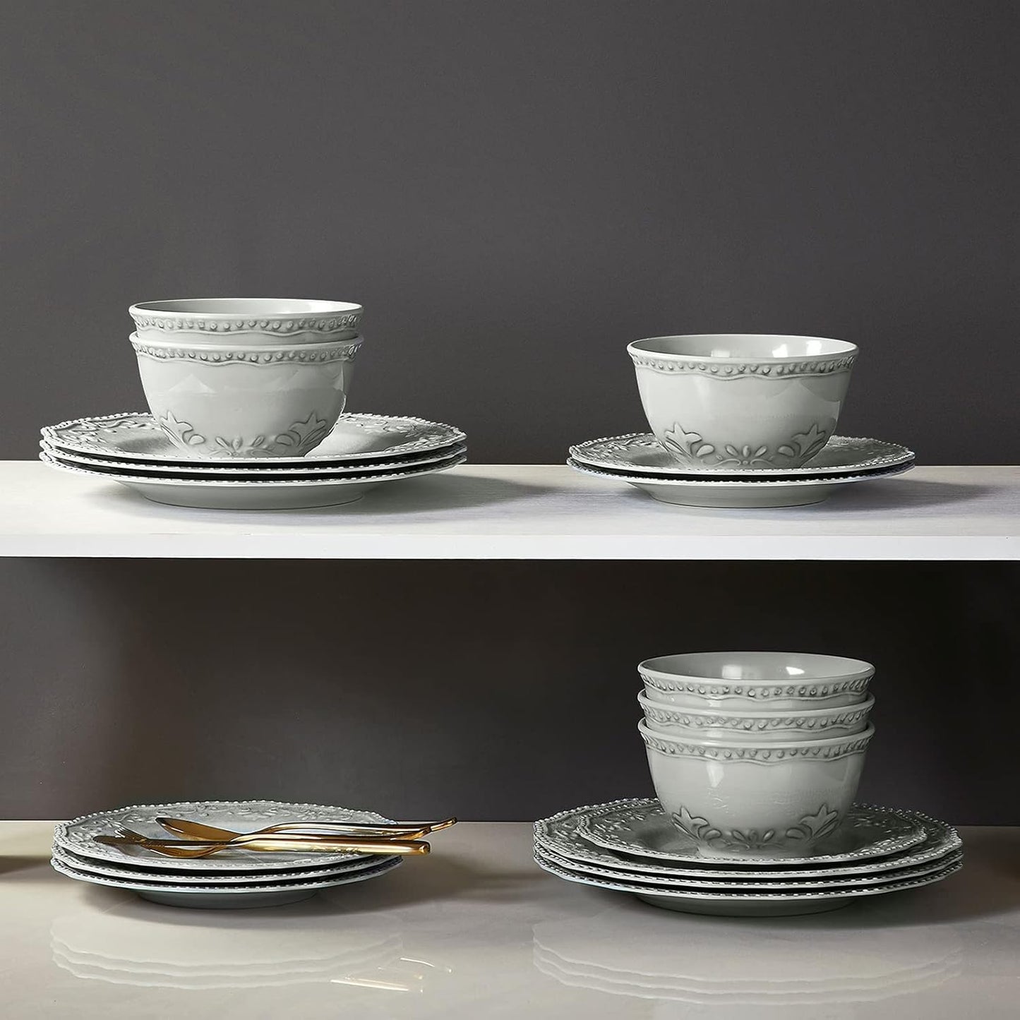 TP 12-Piece Dinnerware Set, Melamine Dishes Set with Bowls and Plates, Non-breakable and Lightweight Dinner Service for 4, Grey