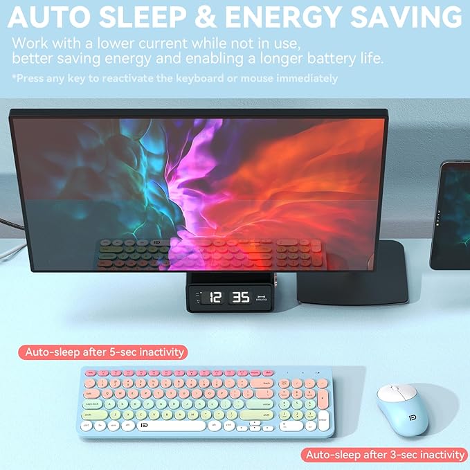 FD Wireless Keyboards and Mouse Combo - 2.4GHz USB Cordless, Cute Wireless Keyboard Round Keys, Quiet and Slim Set for Laptop, Computer, TV and Mac - Blue Pale Green Colorful