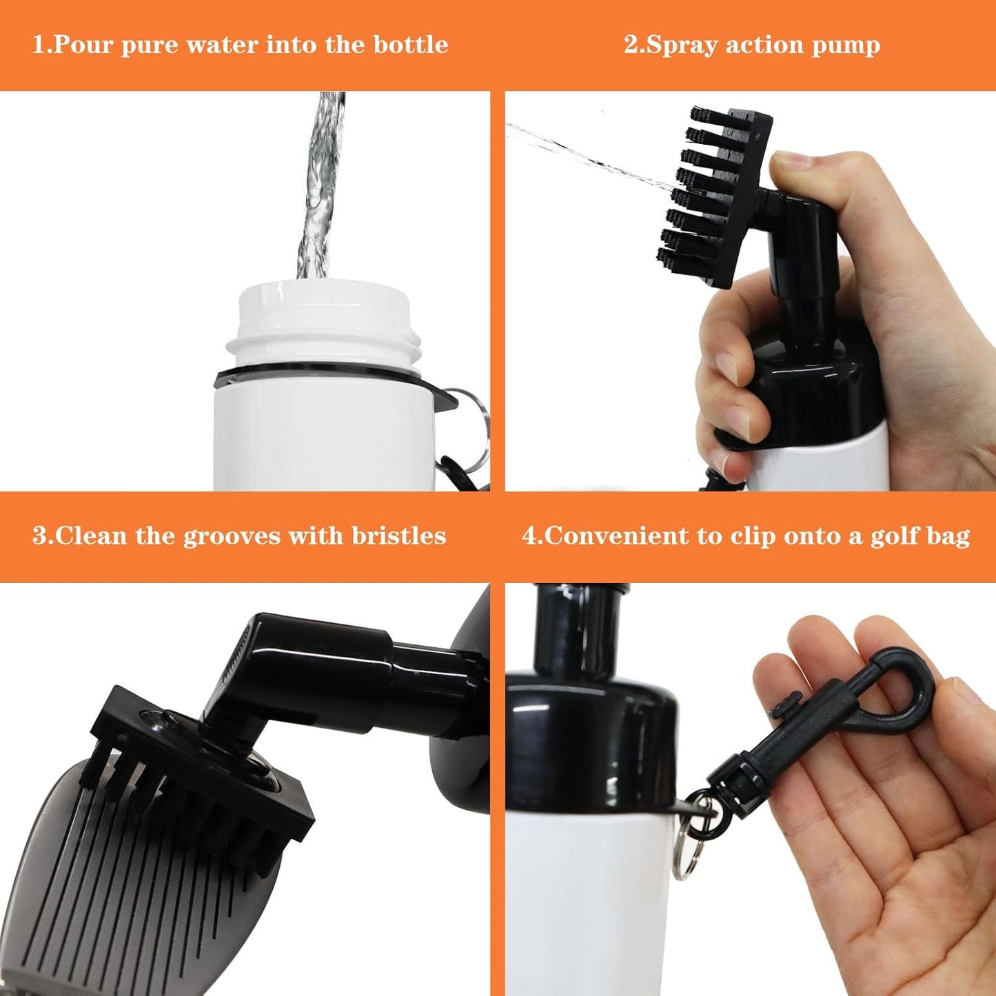 Pro Golf Club Cleaner,Includes Water Golf Club Brush Golf Towel Golf Accessories,Heavy Duty Retractable Clip- Squeeze Bottle for Easy Cleaning with Nylon Bristles- Holds 4 Oz Water(Black)