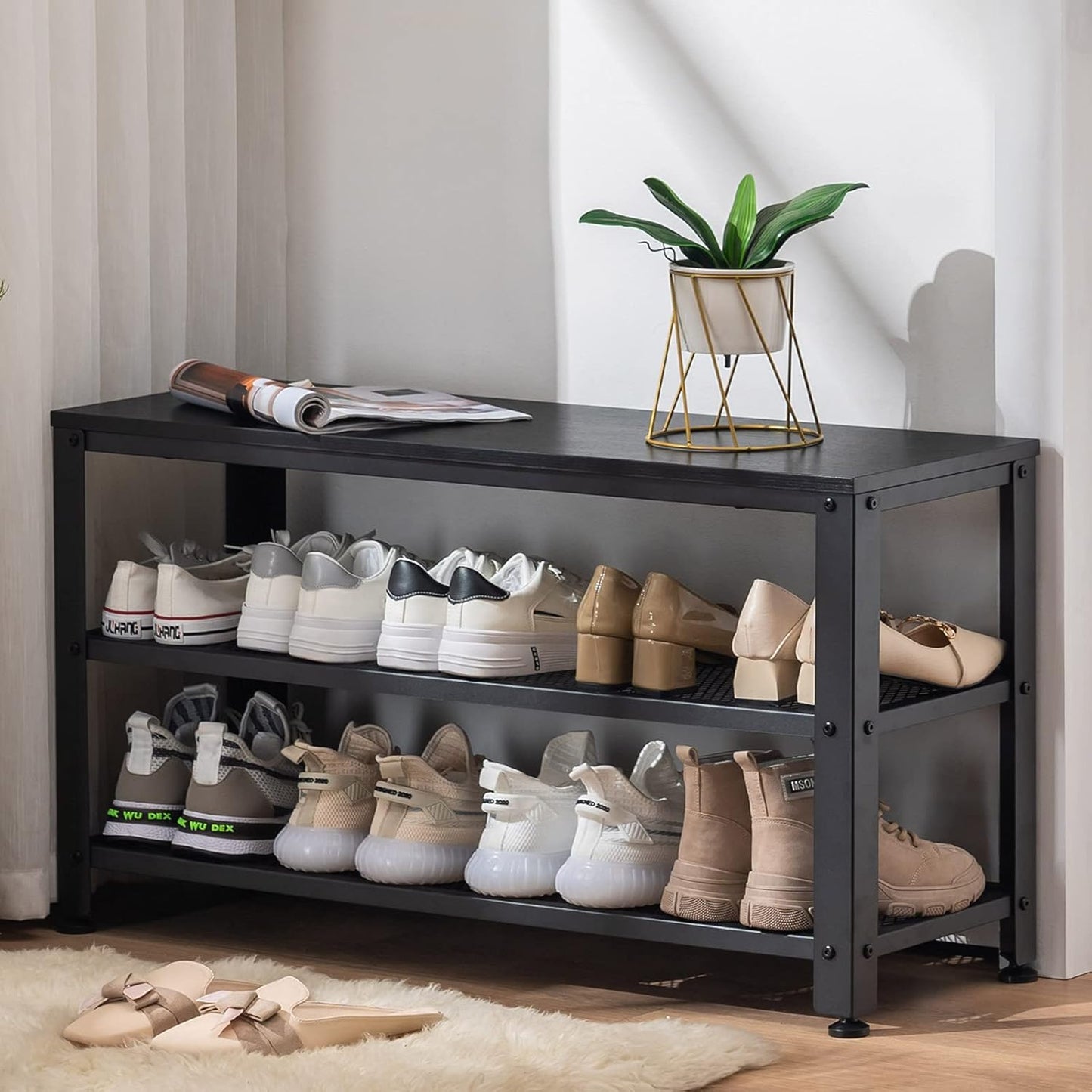 Apicizon Shoe Rack, 35.5 Inches 3-Tier Shoe Rack for Entryway with Long Seat and Metal Shelves for Garage, Industrial Storage Bench with Steel Structure for Living Room, Bedroom, Mudroom, Black