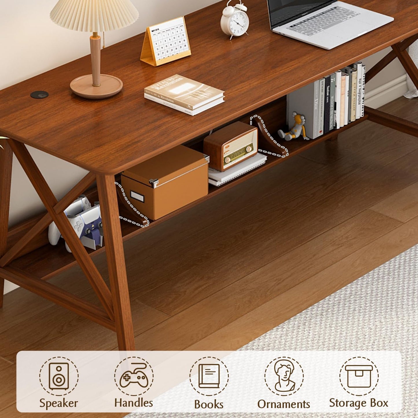 Extra Long Desk with Bookshelf - Wooden Home Office Work Study Table, Writing Computer Workstation with Storage Shelf in Walnut, 55" Wx20 Dx30 H