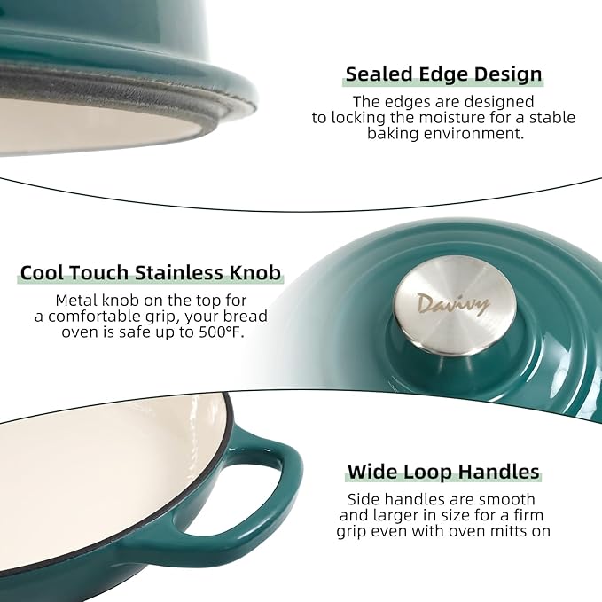Davivy 5.5QT Enameled Cast Iron Dutch Oven with Lid, Dutch Oven for Sourdough Bread, 10" Round Sourdough Bread Oven, Bread Cloche for Bread Baking, with Silicone Bread Sling - Gradient Teal