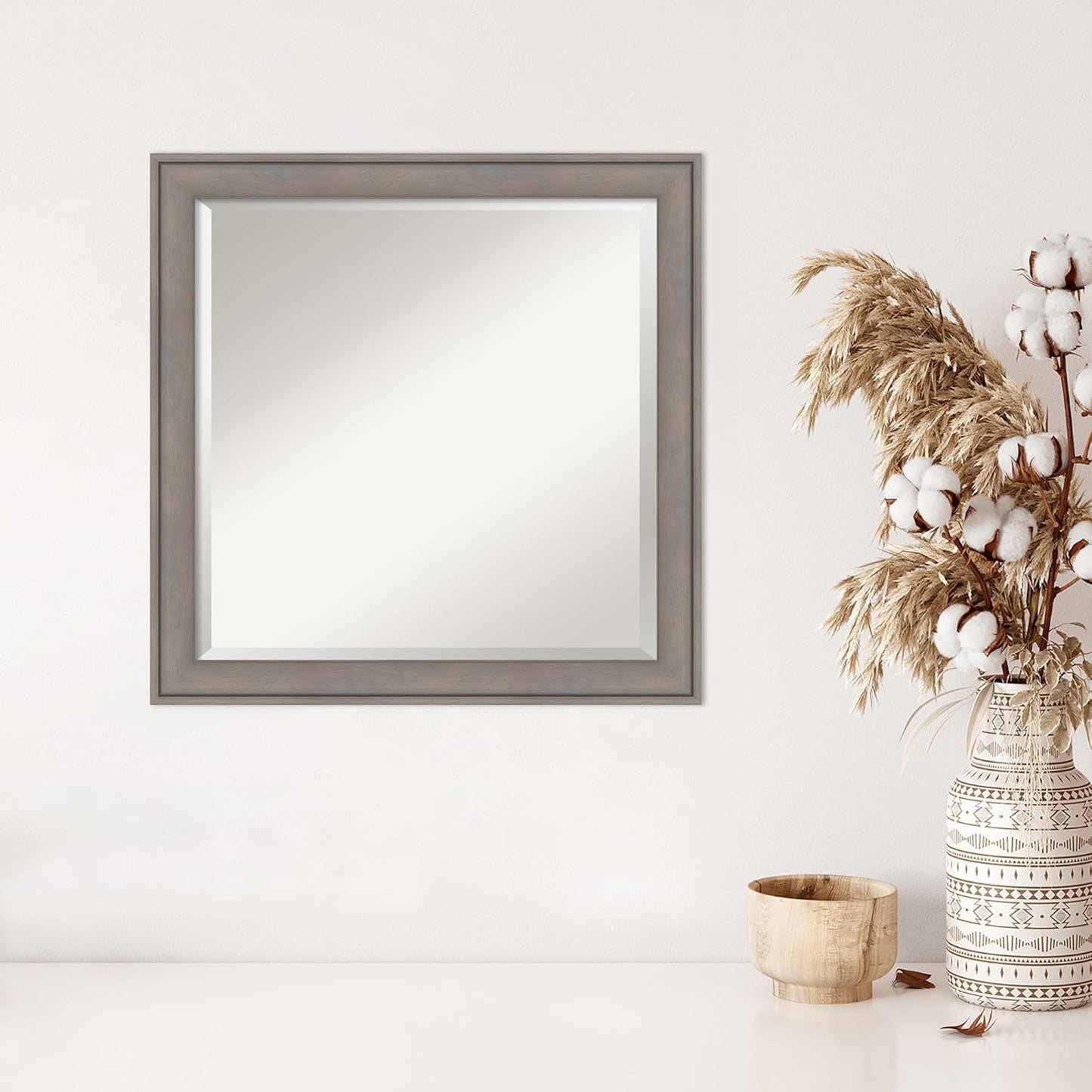 Amanti Art Grey Wall Mirror 24x24 Greywash Square Bathroom Mirror for Wall Decor Living Room, Medium Country Rustic Wood Frame, Hangs Horizonally and Vertically, Bathroom Decor, Beveled Edge