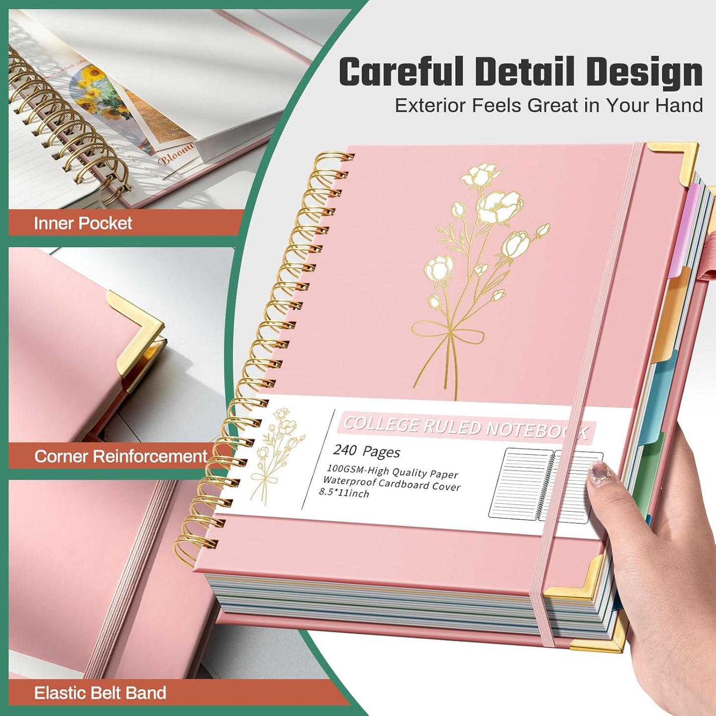 Hardcover Spiral Notebooks 8.5" X 11" Note Taking 5 Subject Notebook College Ruled with Dividers 240 Pages 100GSM Aesthetic Spiral Notebook for Work School Cute Journals for Women Writing