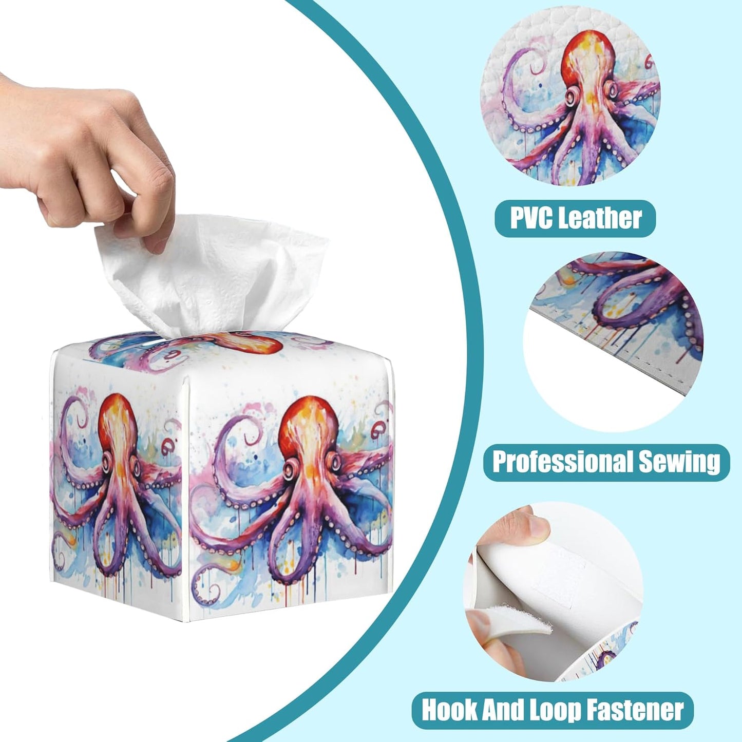 Watercolor Squid Tissue Box Cover,Colorful Splashes Tissue Box Holder Square with Bottom Belt,Waterproof Modern Napkin Holder Organizer for Bedroom Dresser Night Stand Office Desk,5.2" x 5.2" x 5.2"