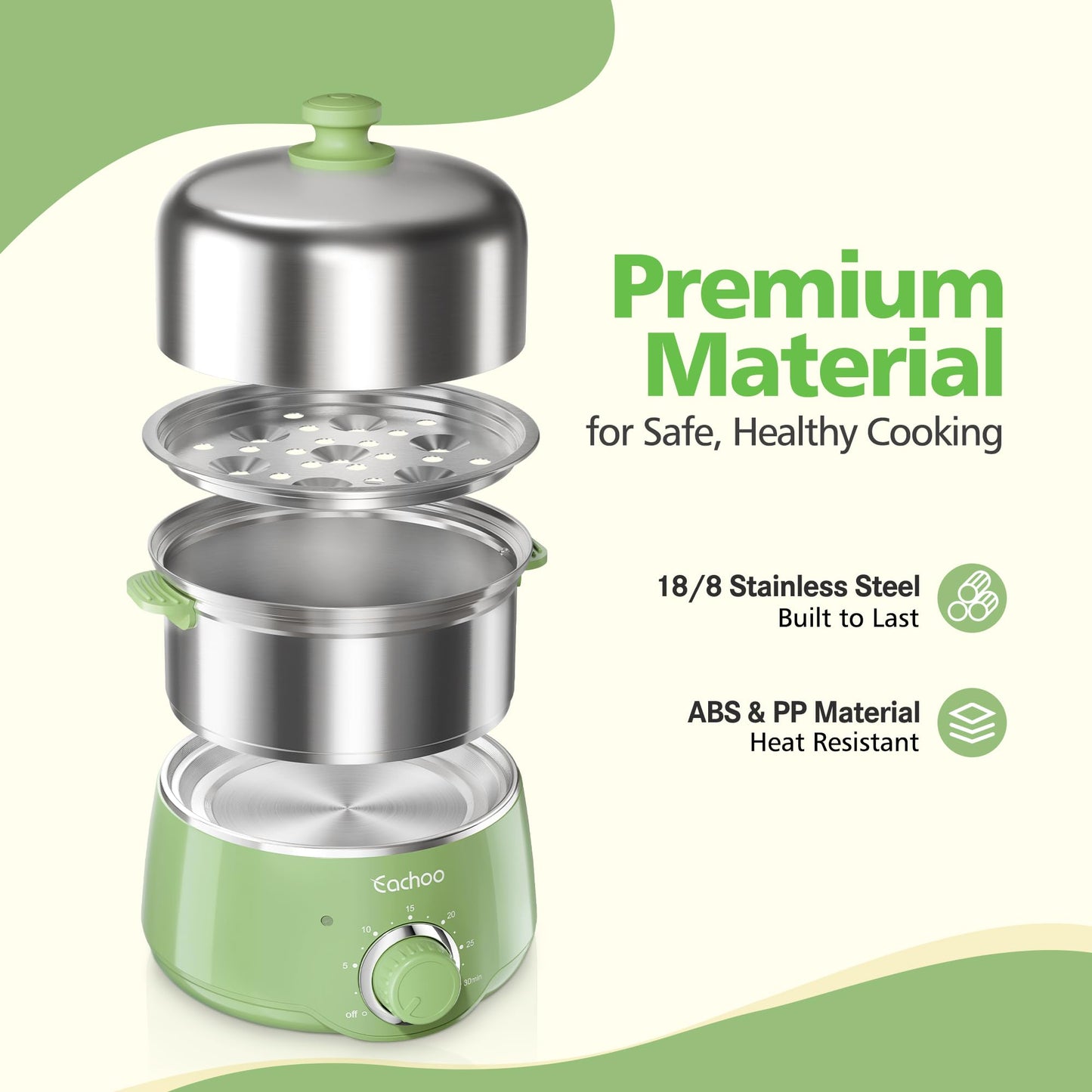 Hard Boiled Egg Cooker - CACHOO 14-Egg Rapid Stainless Steel Egg Boiler with 30-Min Timer & Auto Shut Off, Compact Electric Vegetable Steamer for Cooking, Dishwasher Safe, Retro Green