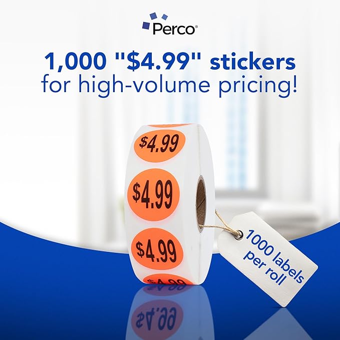 Perco Fluorescent Red 1-Inch Circle $4.99" Promotional Sale Stickers — 1,000 Perforated Labels/Roll—Ideal for Storefronts, Retail Merchandising, Flea Markets, Discount Marking, Clearance—Made in USA
