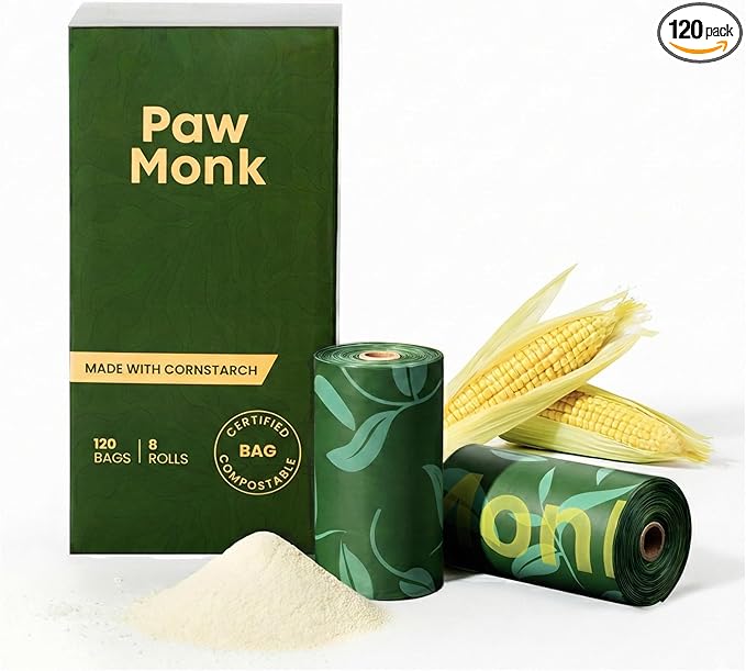 Paw Monk Heavy Duty Certified Home Compostable Dog Poop Bags Rolls – 20 Micron Extra Thick & Leakproof, Easy Open – 120 Count Unscented Plant Based Pet Waste Bags